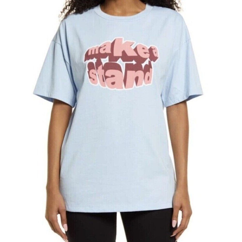 BP Womens Size XS Short Sleeve Oversize Knit Make a Stand Graphic Tee Blue 1718